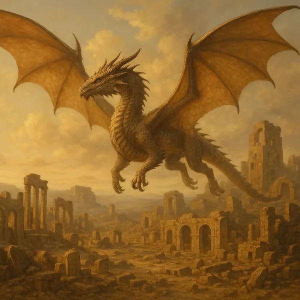 Enjoy assembling a puzzle depicting a majestic dragon soaring above ancient, crumbling ruins.