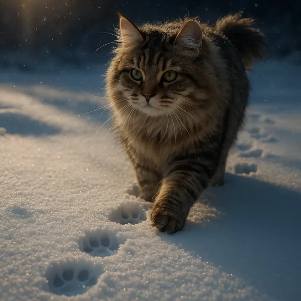 Enjoy assembling a puzzle depicting a fluffy tabby cat walking through fresh snow at twilight.