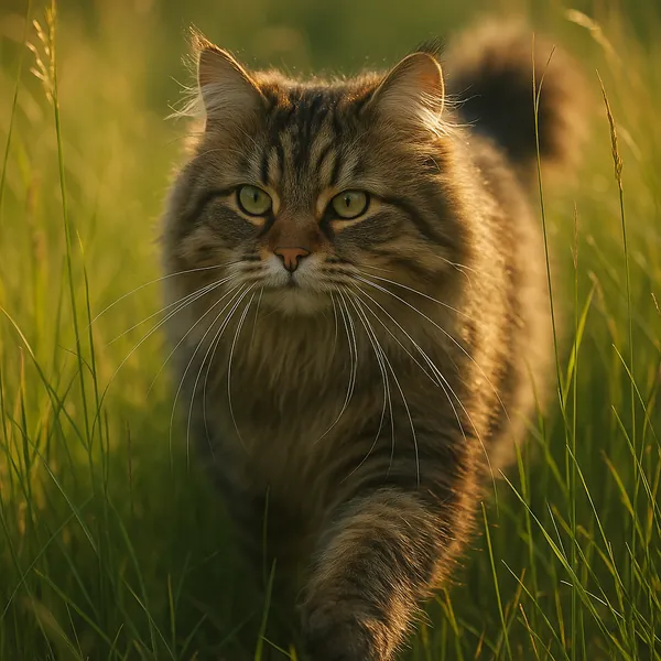 Discover a puzzle with a close-up of a fluffy brown tabby cat prowling through tall green grass in warm golden-hour light.
