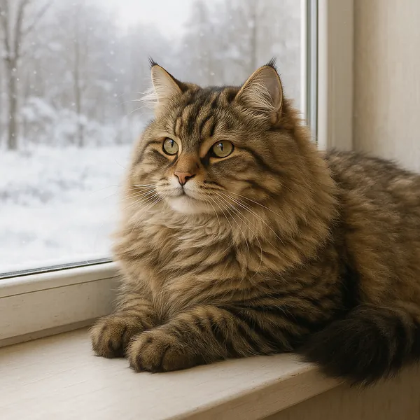 Discover a puzzle with a fluffy brown tabby cat lounging on a sunlit windowsill while a soft snowfall blurs the winter trees outside.