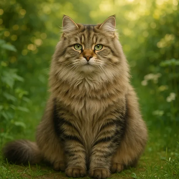Discover a puzzle with a regal, long-haired brown tabby cat sitting serenely in a sun-dappled garden.