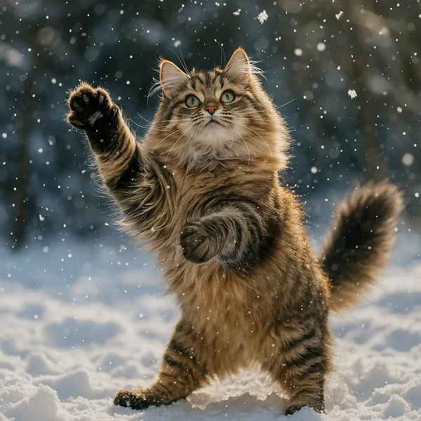 Discover a puzzle with an adorable fluffy tabby cat leaping through soft falling snow, captured mid-play with a raised paw and bright green eyes.