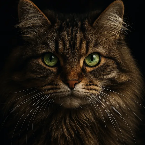 Discover a puzzle with a close-up portrait of a long-haired tabby cat, its luminous green eyes framed by rich, warm browns and amber highlights against a deep,