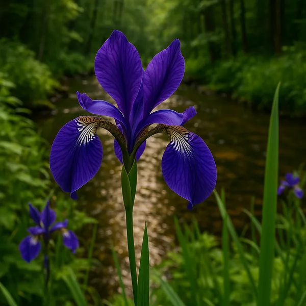 Discover a puzzle with a close-up of a striking purple iris standing beside a gently flowing stream in a lush green woodland.