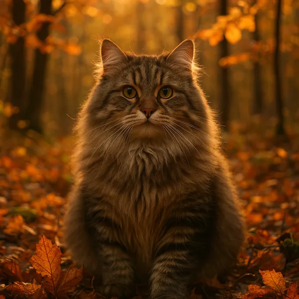 Discover a puzzle with a majestic fluffy cat sitting amid a golden autumn forest, its warm brown and amber fur echoing the rich tones of fallen leaves and soft