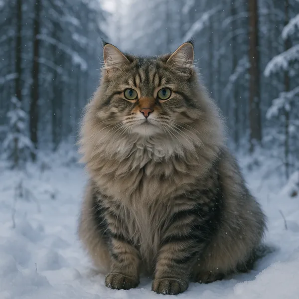 Discover a puzzle with a fluffy, long-haired tabby cat sitting serenely in a snowy winter forest.
