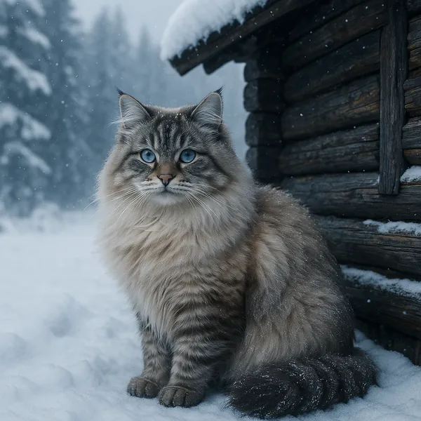 Discover a puzzle with a fluffy blue-eyed cat sitting in fresh snow beside a rustic wooden cabin — soft beige and gray fur contrasts with cool blues and snowy w