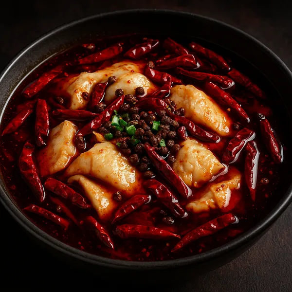 Enjoy an online jigsaw puzzle designed for browser play, featuring a close-up of a steaming, fiery bowl of food with plump dumplings bathed in red chili oil.