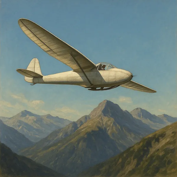 Discover a puzzle with a graceful vintage glider soaring above a sunlit mountain range, captured against a soft blue sky.