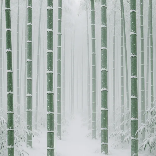 Discover a puzzle with a tranquil bamboo forest dusted in fresh snow — tall, vertical green stalks rise through soft white mist for a minimalist, meditative sce