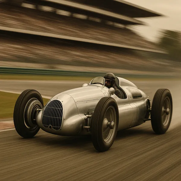 Discover a puzzle with a sleek vintage race car roaring along a racetrack in warm, sepia-toned motion.