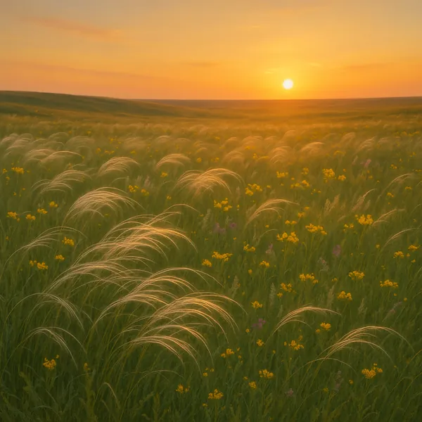 Try solving a puzzle that shows a sunlit prairie at golden hour, with a warm orange sun sinking over rolling green fields dotted with cheerful yellow wildflower
