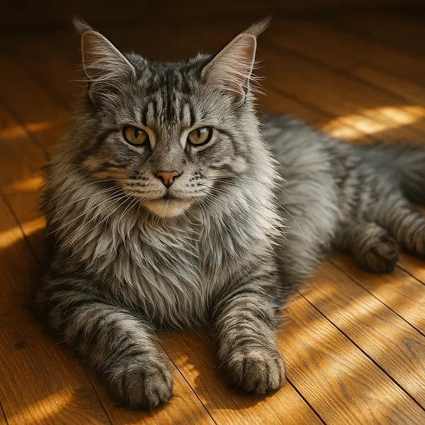 Discover a puzzle with a fluffy gray cat lounging on a warm, sunlit hardwood floor — soft silver and slate fur, amber eyes, and gentle sunbeam highlights create