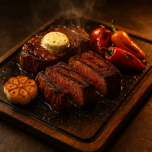 Enjoy assembling a puzzle depicting a sizzling, perfectly seared steak on a wooden board — rich mahogany crusts and warm rosy centers contrast with a melting he