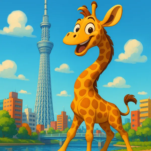 Discover a puzzle with a cheerful cartoon giraffe strolling through a bright cityscape by a sparkling river and a tall observation tower.