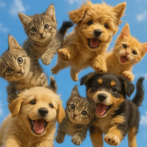 Enjoy an online jigsaw puzzle designed for browser play, featuring a joyful collage of playful puppies and curious kittens against a bright blue sky — a charmin