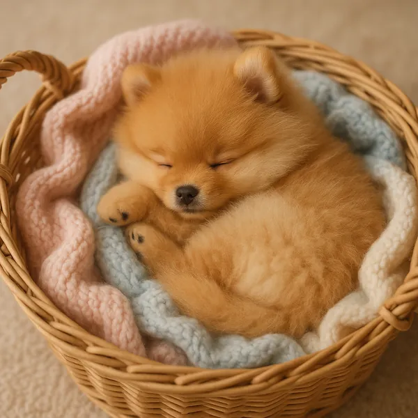 Discover a puzzle with a tiny, sleeping Pomeranian puppy nestled in a wicker basket, curled up on soft pastel knit blankets.