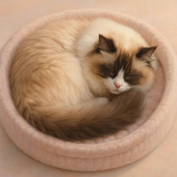 Discover a puzzle with a fluffy sleeping cat curled into a round, plush bed, its cream and warm brown fur blending with soft pink tones.