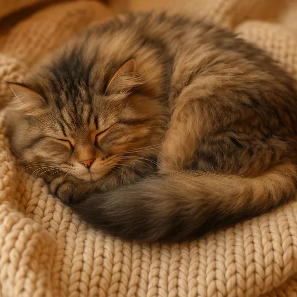 Discover a puzzle with a fluffy tabby cat curled up and sleeping on a chunky cream knit blanket.