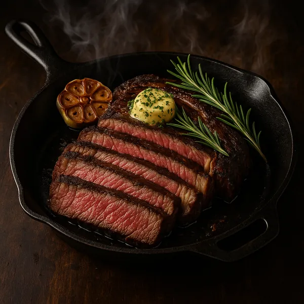 Discover a puzzle with a beautifully seared, medium-rare steak sliced and arranged in a cast-iron skillet, topped with a pat of herb butter, sprigs of rosemary,
