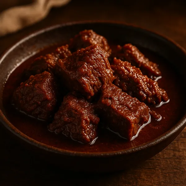 Discover a puzzle with a close-up view of tender beef chunks bathed in a glossy, deep reddish-brown sauce served in a rustic dark bowl.