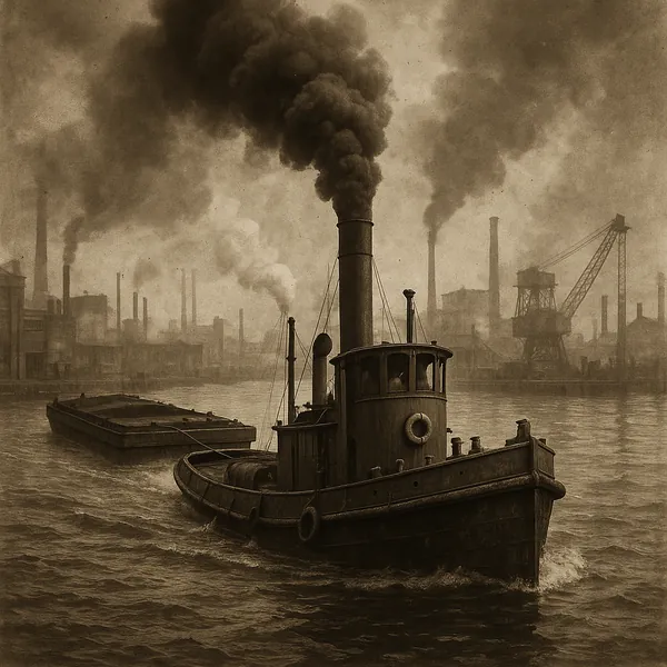 Enjoy assembling a puzzle depicting a vintage tugboat hauling a barge through an industrial harbor under heavy, sepia-toned skies.
