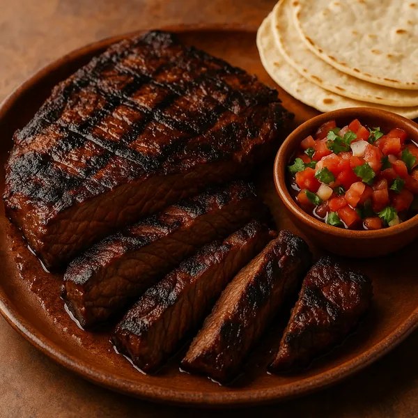 Enjoy assembling a puzzle depicting a sizzling grilled steak sliced on a rustic brown plate, complete with deep char marks, juicy mahogany tones, a small bowl o