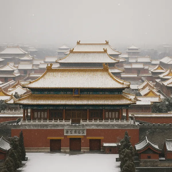Discover a puzzle with a snowy view of the Forbidden City in Beijing on PuzzleFree.Game — golden temple roofs dusted in white rise above deep red walls, their l