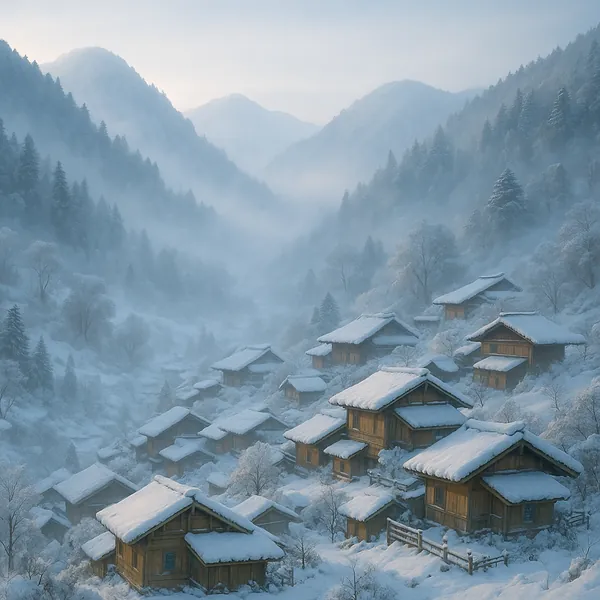 Discover a puzzle with a serene snow‑clad mountain village on PuzzleFree.Game, where wooden cabins nestle on a misty hillside beneath soft blue‑gray peaks.