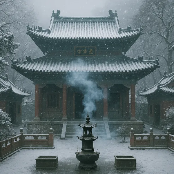 Discover a puzzle with a serene snow-covered temple courtyard, where muted blues and soft grays mingle with warm, weathered reds of the pagoda roofs.