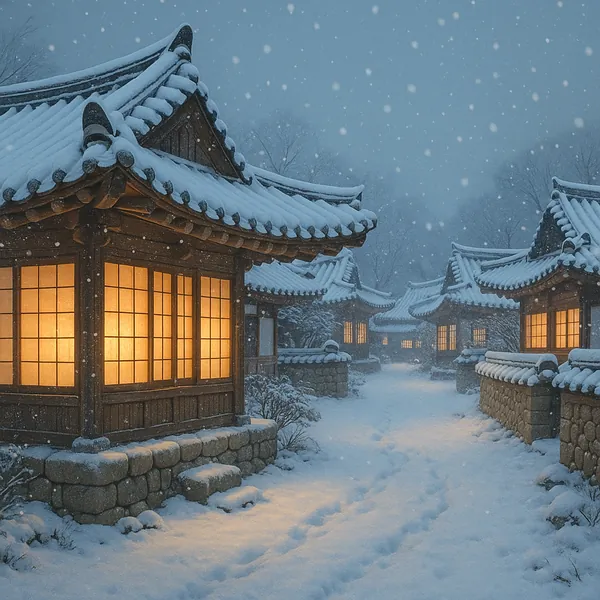 Enjoy assembling a puzzle depicting a serene snowy hanok village at dusk, where traditional wooden houses with curved tiled roofs wear soft layers of snow and w
