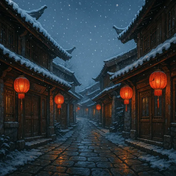 Discover a puzzle with a snow-dusted, lantern-lit old street scene: traditional wooden buildings line a cobblestone alley under a deep blue, gently falling snow