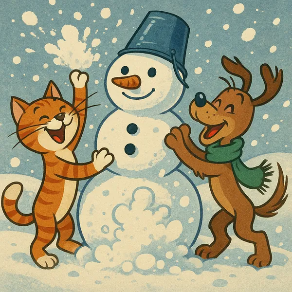 Enjoy assembling a puzzle depicting a cheerful winter scene: a smiling snowman with a blue bucket hat stands between a laughing orange tabby cat and a joyful br