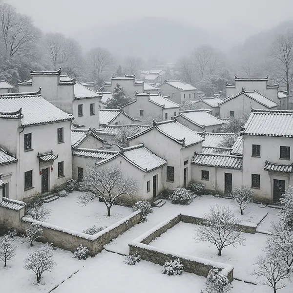Discover a puzzle with a snow-dusted traditional village scene on PuzzleFree.Game, where white-tiled roofs and whitewashed walls form a calm, monochrome tapestr