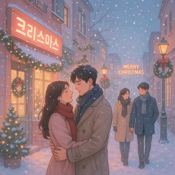 Discover a puzzle with a cozy snowy street scene where two couples stroll and embrace beneath warm holiday lights.