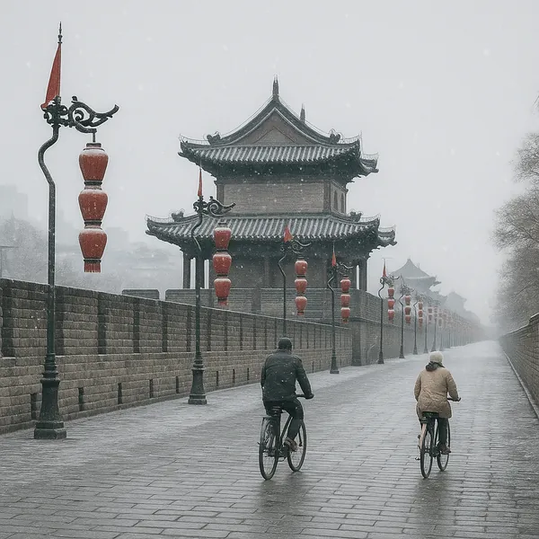 Discover a puzzle with a snowy, historic city wall lined with traditional pagoda-style towers and a row of red lanterns swaying gently in the mist.
