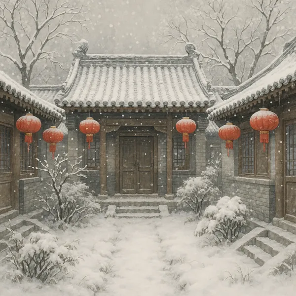 Discover a puzzle with a tranquil snowy courtyard of a traditional Chinese home, where soft gray and muted brown tones are gently contrasted by a string of warm