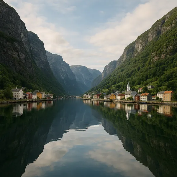 Discover a puzzle with a serene fjord village nestled between towering, forested mountains and mirrored perfectly in glassy water.