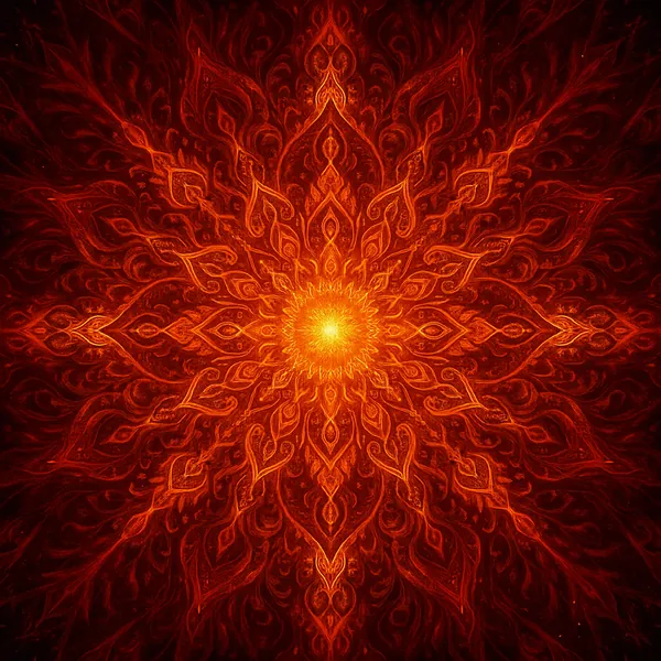 Enjoy an online jigsaw puzzle designed for browser play, featuring a fiery abstract mandala that blends art and nature-inspired patterns.