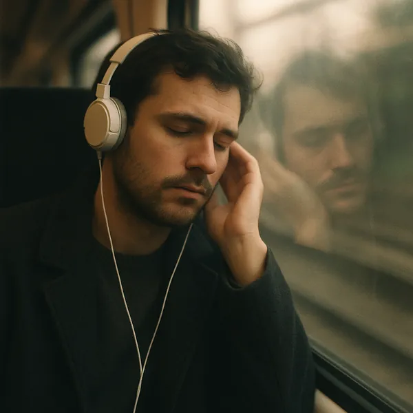 This online jigsaw puzzle features a quiet portrait scene of a man listening to music on a train, a soothing blend of people and travel themes for browser play.