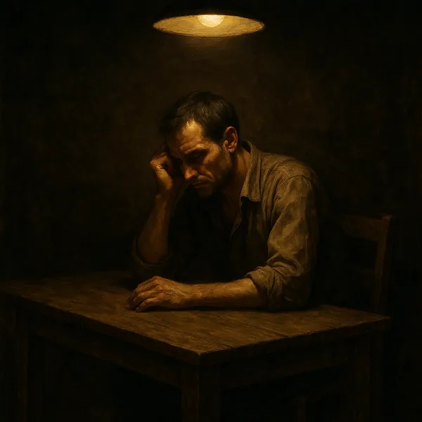 Discover a puzzle with a solitary figure seated at a wooden table beneath a single warm lamp, rendered in deep browns and golden highlights that create a rich c