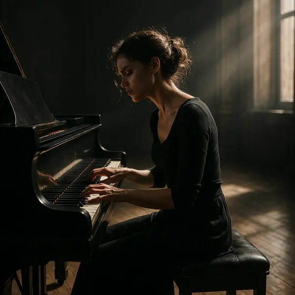 Play an online jigsaw puzzle in your browser that shows a musician at the piano, a peaceful art-themed scene perfect for lovers of music and atmosphere.