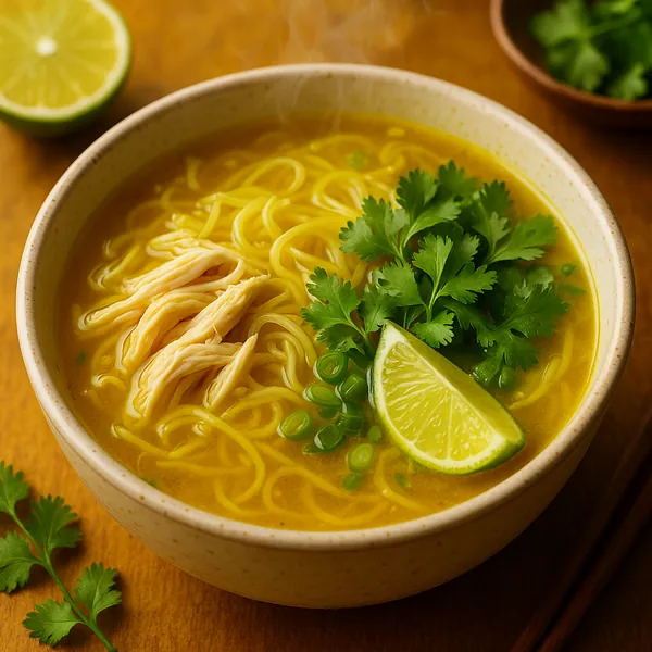 Discover a puzzle with a steaming bowl of golden chicken noodle soup topped with fresh cilantro and a bright lime wedge.