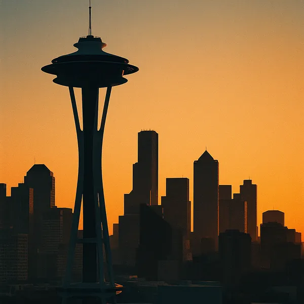 Discover a puzzle with a silhouetted city skyline at sunset, dominated by the iconic needle-like observation tower standing tall against a warm, golden-orange s