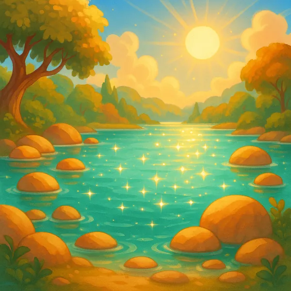 Discover a puzzle with a sunlit river scene where turquoise water sparkles with golden star-like reflections, warm ochre stones dot the shoreline, and soft gree