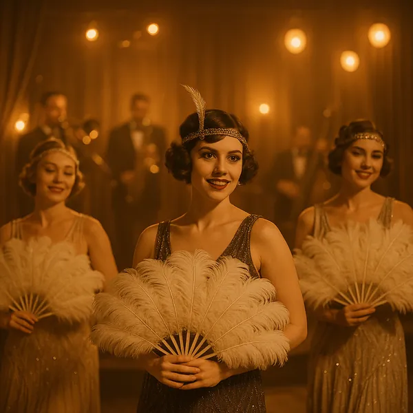 Discover a puzzle with a vintage 1920s scene of flapper dancers holding large white feather fans under warm amber stage lights.