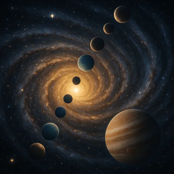 Enjoy an online jigsaw puzzle designed for browser play, featuring a dramatic space scene of planets and a glowing spiral galaxy.