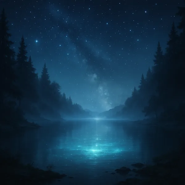 Discover a puzzle with a tranquil moonless night over a still forest lake, where deep blue tones fade into misty silhouettes of pine-studded hills and a shimmer