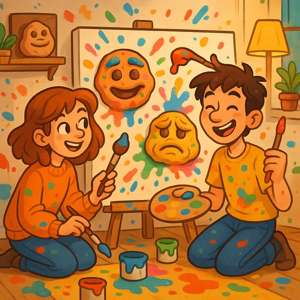 Enjoy assembling a puzzle depicting two cheerful friends painting colorful emoji faces on a splattered canvas in a cozy, sunlit studio.