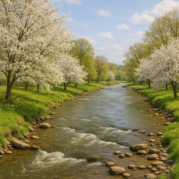 Enjoy an online jigsaw puzzle designed for browser play, featuring a serene spring landscape of a gently flowing river lined with flowering trees.